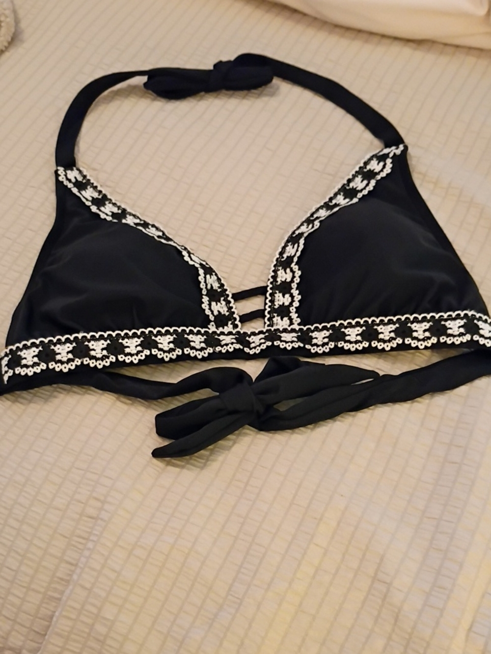 Kona Sol Black Bikini Top with White Lace Trim